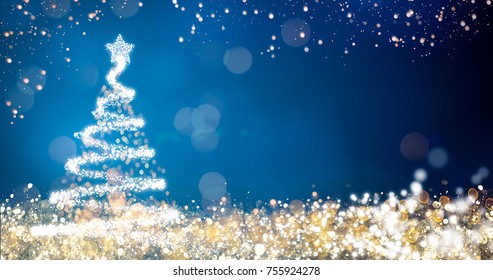 golden and silver lights with christmas tree on blue background,bright decoration for merry xmas greeting message.Elegant holiday season social post digital card.Copy type space for text or logo - Powered by Shutterstock