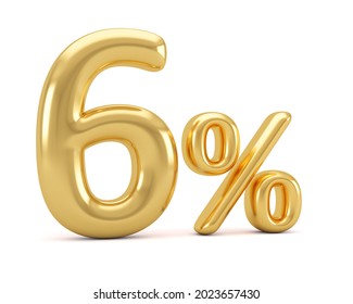 Golden six percent isolated on white background. 6% discount on sale. 3d rendering. 