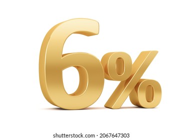 Golden six percent isolated on white background. 6% discount on sale. 3d rendering. Illustration for business ideas.