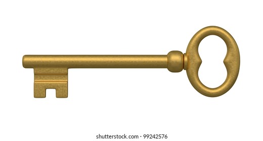 Golden Skeleton Key. Isolated On White.