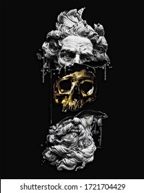 Golden skull illustration. The broken poseidon statue is hidden inside.The art of printing for a t-shirt on a black background. Tattoo design