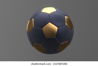 Golden Soccer ball 3D rendering. Sport ball 3D rendering, mono colored background. Soccer ball with gold parts  3d Illustration isolated on dark background.