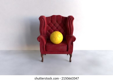 Golden Soccer Ball On A Red Vintage Sofa, White Background 3d Rendering