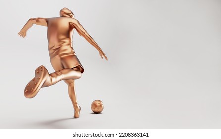 Golden soccer football player kicking a ball in an action pose. 3D Rendering. 3D Illustration - Powered by Shutterstock