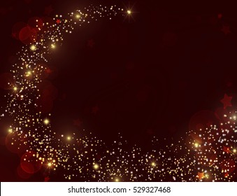 Golden Star Dust Trail With Sparkling Stars. Gold Shining Pixie Dust On Deep Red Background. VIP Background, Bokeh, Stars, Sparkles.