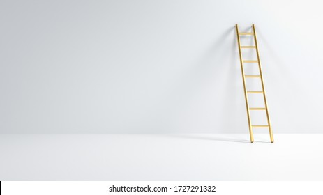 Golden stepladder leaning on white wall in empty room .Concept of ladder to inspiration, leadership and business achievement. 3D render