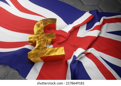 Golden Sterling Pound Sign On The UK Flag. Illustration Of The Concept Of British Currency. 3D Illustration