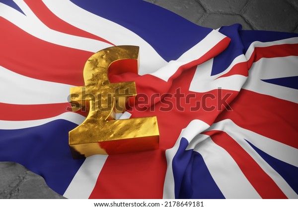 Golden sterling pound\
sign on the UK flag. Illustration of the concept of British\
currency. 3D\
illustration