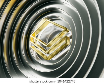 Golden Stratis Crypto Currency Symbol on the Silver Metal Circles. 3D Illustration of Golden Stratis Logotype for News and Blog Posts.