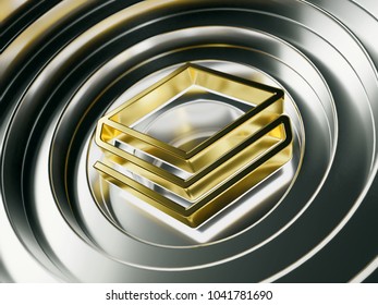 Golden Stratis Crypto Currency Symbol on the Silver Metal Circles. 3D Illustration of Golden Stratis Logo for News and Blog Posts.