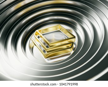Golden Stratis Crypto Currency Symbol on the Silver Metal Circles. 3D Illustration of Golden Stratis Cryptocurrency Logo for News and Blog Posts.