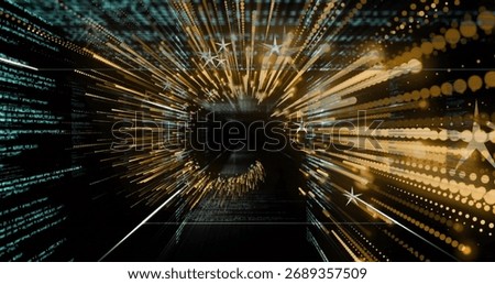 Golden streams and teal code converging toward dark portal in virtual data tunnel, with star icons. Futuristic, digital, data, cyber, technology, abstract, immersive