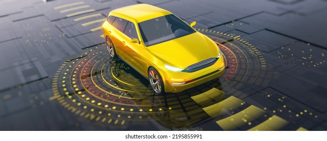 Golden SUV Car On The Tech Abstract Space And HUD System Of Autonomous Driving. Upper View To Front Side Of Car. Professional 3d Rendering Of Own Designed Generic Non Existing Car Model.