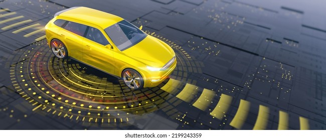 Golden SUV Car On The Tech Abstract Space And HUD System Of Autonomous Driving. Front Part Of Car From Upper View. Professional 3d Rendering Of Own Designed Generic Non Existing Car Model.