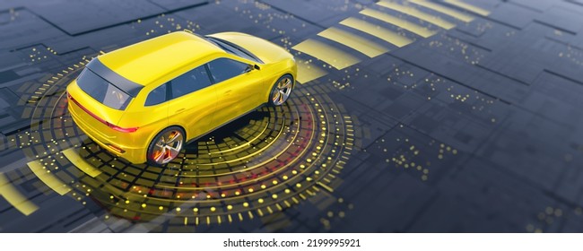 Golden SUV Car On The Tech Abstract Space And HUD System Of Autonomous Driving. Back Part Of Car From Upper View. Professional 3d Rendering Of Own Designed Generic Non Existing Car Model.