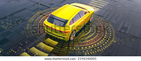 Golden\
SUV car on the tech abstract space and HUD system of autonomous\
driving. Upper view to back side of car. Professional 3d rendering\
of own designed generic non existing car\
model.