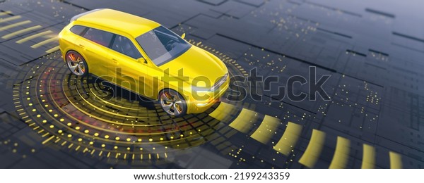 Golden SUV car on the tech abstract space and HUD\
system of autonomous driving. Front part of car from upper view.\
Professional 3d rendering of own designed generic non existing car\
model.
