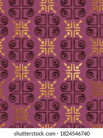 Golden Textured Details Ornamental Tile Pattern Retro Style Greece Column Shapes Trendy Fashion Colors Perfect for Fabric Print Technical Concept Purple Golden Yellow Tones