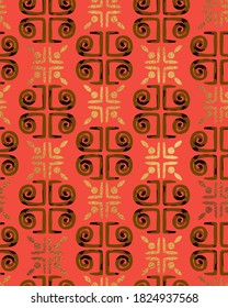 Golden Textured Details Ornamental Tile Pattern Retro Style Greece Column Shapes Trendy Fashion Colors Perfect for Fabric Print Technical Concept Coral Dark Brown Tones