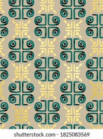 Golden Textured Details Ornamental Tile Pattern Retro Style Greece Column Shapes Trendy Fashion Colors Perfect for Fabric Print Technical Concept Brown Green Yellow Tones