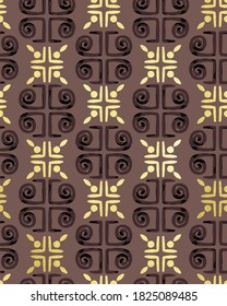 Golden Textured Details Ornamental Tile Pattern Retro Style Greece Column Shapes Trendy Fashion Colors Perfect for Fabric Print Technical Concept Brown Yellow Tones