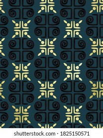 Golden Textured Details Ornamental Tile Pattern Retro Style Greece Column Shapes Trendy Fashion Colors Perfect for Fabric Print Technical Concept Dark Petrol Blue Black Yellow Tones