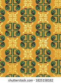 Golden Textured Details Ornamental Tile Pattern Retro Style Greece Column Shapes Trendy Fashion Colors Perfect for Fabric Print Technical Concept Mustard Yellow Green Tones