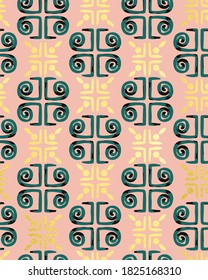 Golden Textured Details Ornamental Tile Pattern Retro Style Greece Column Shapes Trendy Fashion Colors Perfect for Fabric Print Technical Concept Powder Pink Yellow Green Tones
