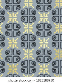 Golden Textured Details Ornamental Tile Pattern Retro Style Greece Column Shapes Trendy Fashion Colors Perfect for Fabric Print Technical Concept Silver Gray Yellow Tones