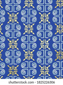 Golden Textured Details Ornamental Tile Pattern Retro Style Greece Column Shapes Trendy Fashion Colors Perfect for Fabric Print Technical Concept Royal Blue Yellow Tones