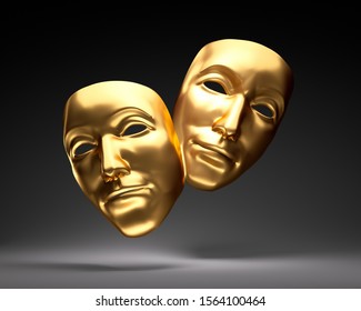 Golden theater masks on black background - 3D illustration