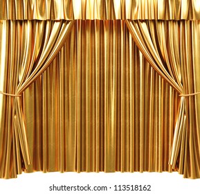 Golden Theatrical Curtain. 3d Image.