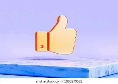 Golden Thumbs Up Icon On The Blue Background. 3D Illustration Of Golden Approve, Facebook, Favorite, Like, Thumbs, Up Icons In The Blue Light With White Marble Box.