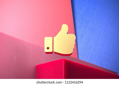 Golden Thumbs Up Icon On The Blue And Pink Geometric Background. 3D Illustration Of Gold Approve, Facebook, Favorite, Like, Thumbs, Up Icon Set With Color Boxes On Pink Background.