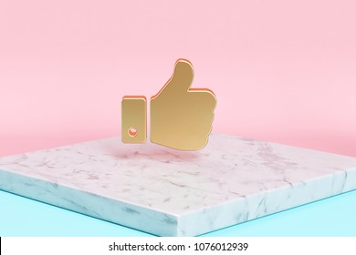 Golden Thumbs Up Icon On The Candy Background . 3D Illustration Of Golden Approve, Facebook, Favorite, Like, Thumbs, Up Icons On Pink And Blue Color With White Marble.