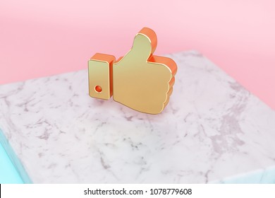 Golden Thumbs Up Icon On Pink And Light Blue Color Background . 3D Illustration Of Golden Approve, Facebook, Favorite, Like, Thumbs, Up Icon Set On White Marble.