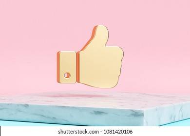 Golden Thumbs Up Icon On Pink Background . 3D Illustration Of Golden Approve, Facebook, Favorite, Like, Thumbs, Up Icons On Pink Color With White Marble.