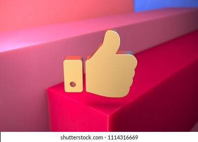 Golden Thumbs Up Icon On The Pink And Blue Geometric Background. 3D Illustration Of Gold Approve, Facebook, Favorite, Like, Thumbs, Up Icon Set With Color Boxes On The Pink Background.