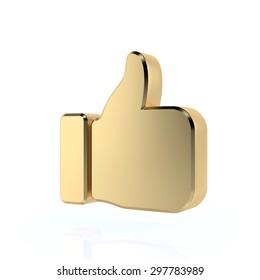 Golden Thumbs Up Sign. 3d Render. Isolated On White Background, Social Media Concept.