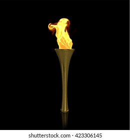 Golden Torch On Black Background. Sport Flame. Torch Fire. Torch Flame. Olympic Torch. Paralympic Torch. 3D Render.