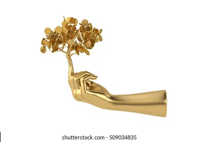 Golden Tree And Gold Hand.3D Illustration.