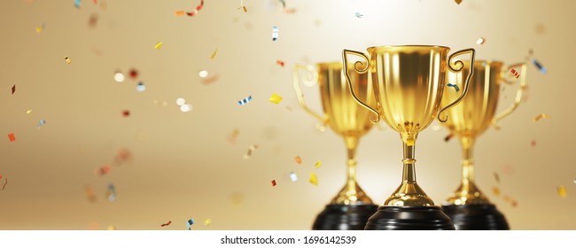 golden trophy award with falling confetti on gold background. copy space for text. 3d rendering.