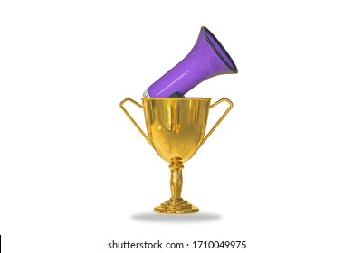 Golden Trophy Cup Isolated On White Background With A Loudspeaker Inside. Promote Your Campaigns Or Refer A Friend Or Promotion Or Participation In Your Campaigns Or Award Ceremony Concept. 3D Render