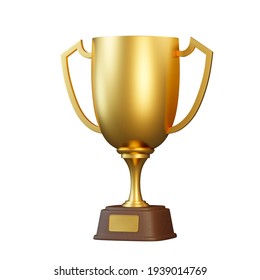 Golden trophy cup isolated on white background. Sport tournament award, gold winner cup and victory concept. 3d rendering illustration