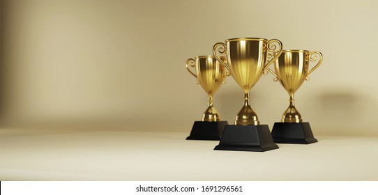 Golden trophy cup on gold background. copy space for text. 3d rendering.