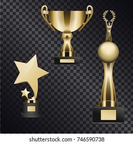 Golden Trophy Cups For Outstanding Sport, Music And Acting Achievements Isolated On Black Transparent Background. Goblets For Successful Contest Participation And Epic Win  Illustration.