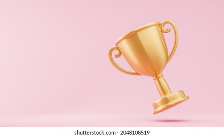 Golden Trophy Prize Cup Over Pink Background With Copy Space. Win Victory Success Concept. 3d Render Illustration.