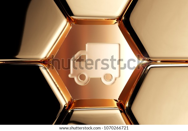 Golden Truck Icon in the Honeycomb. 3D\
Illustration of Luxury Golden Buy, E-Commerce, Shipping, Speed,\
Icons on Gold Geometric\
Pattern.