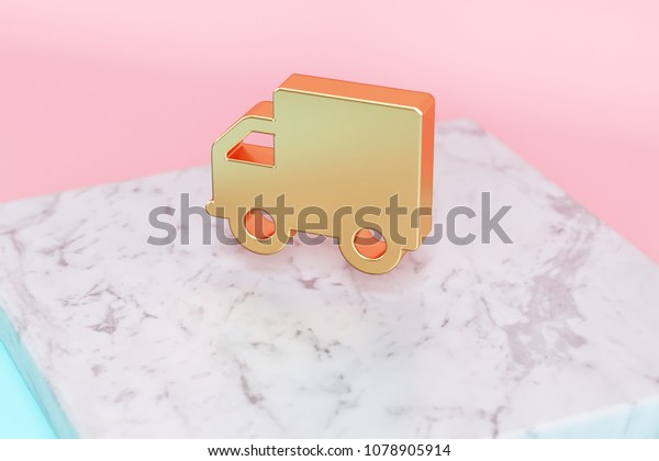 Golden Truck Icon on Pink and Light Blue\
Color Background . 3D Illustration of Golden Buy, E-Commerce,\
Shipping, Speed, Icon Set on White\
Marble.