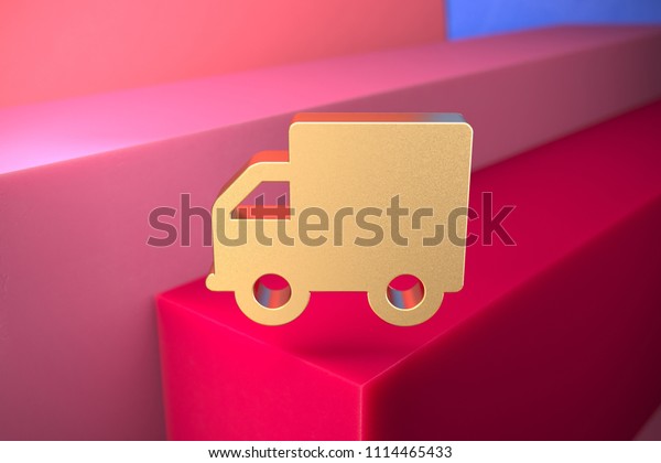 Golden Truck\
Icon on the Pink and Blue Geometric Background. 3D Illustration of\
Gold Buy, E-Commerce, Shipping, Speed, Icon Set With Color Boxes on\
the Pink\
Background.